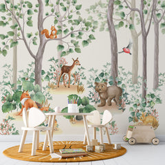 Tapet personalizat lumea animalelor pentru copii cu padure de conifere cu animale printre care vulpi iepurasi veverite ursi si pasari fairytale forest