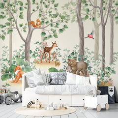 Tapet personalizat lumea animalelor pentru copii cu padure de conifere cu animale printre care vulpi iepurasi veverite ursi si pasari fairytale forest