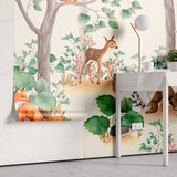 Tapet personalizat lumea animalelor pentru copii cu padure de conifere cu animale printre care vulpi iepurasi veverite ursi si pasari fairytale forest