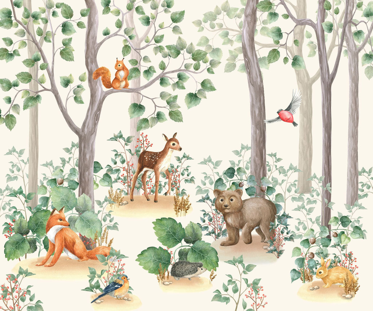 Tapet personalizat lumea animalelor pentru copii cu padure de conifere cu animale printre care vulpi iepurasi veverite ursi si pasari fairytale forest
