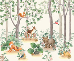 Tapet personalizat lumea animalelor pentru copii cu padure de conifere cu animale printre care vulpi iepurasi veverite ursi si pasari fairytale forest