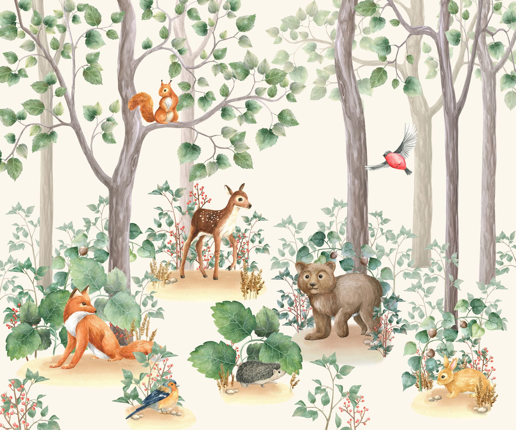 Tapet personalizat lumea animalelor pentru copii cu padure de conifere cu animale printre care vulpi iepurasi veverite ursi si pasari fairytale forest
