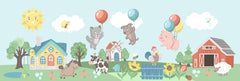 Tapet personalizat lumea animalelor pentru copii cu animale domestice intr o ferma vesela insorita plina cu flori copaci vacute cai oi cocosi caini porci pisici si baloane happy farm
