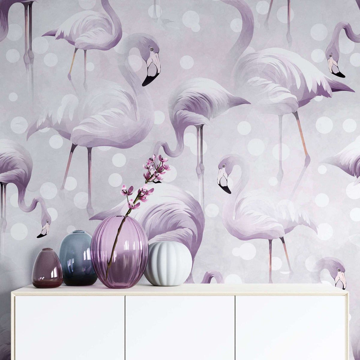 Tapet personalizat lumea animalelor pentru copii cu flamingo in nuante lila lavander flamingo