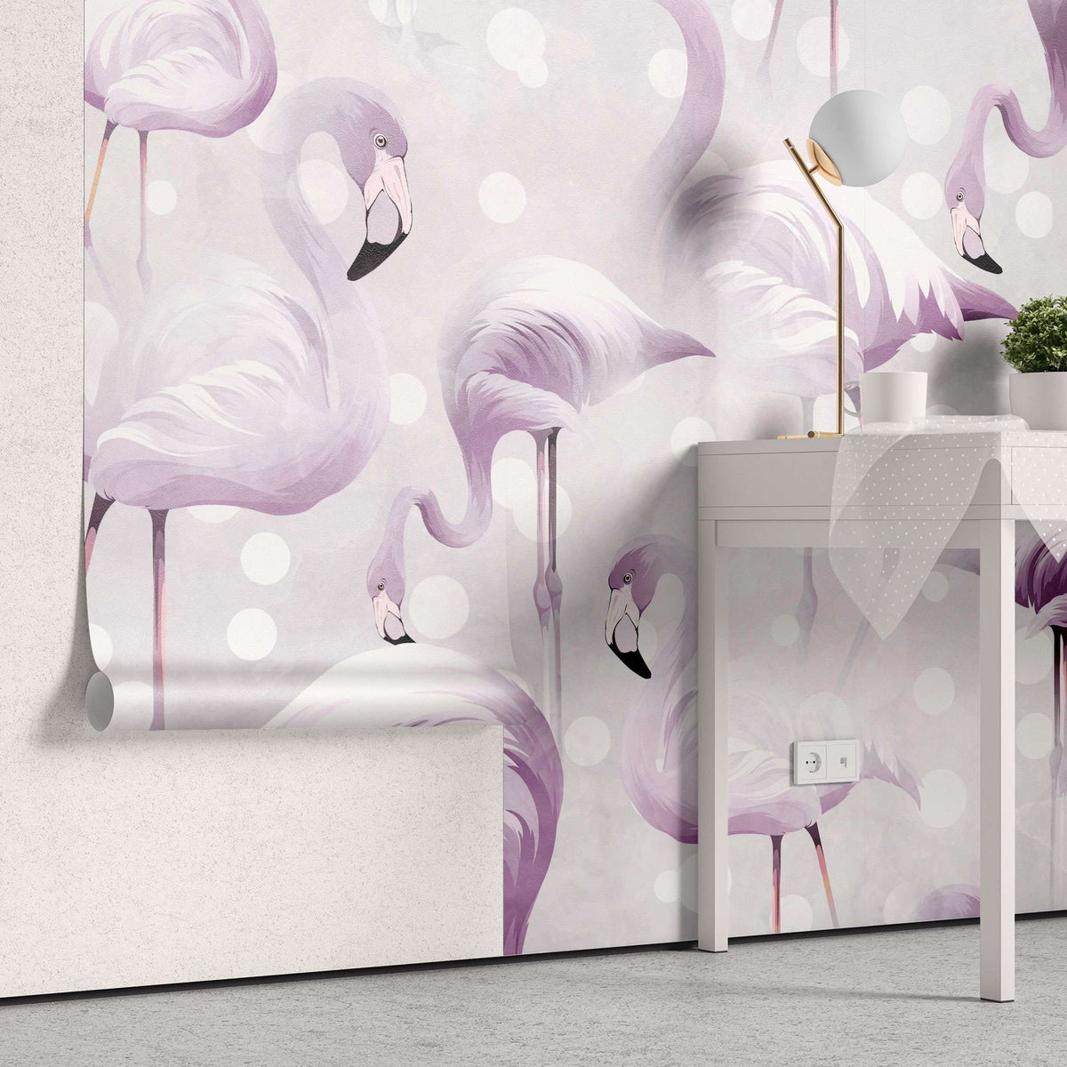 Tapet personalizat lumea animalelor pentru copii cu flamingo in nuante lila lavander flamingo
