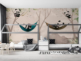 Tapet personalizat lumea animalelor pentru copii cu ursi panda in hamac intr un peisaj montan tropical panda's paradise
