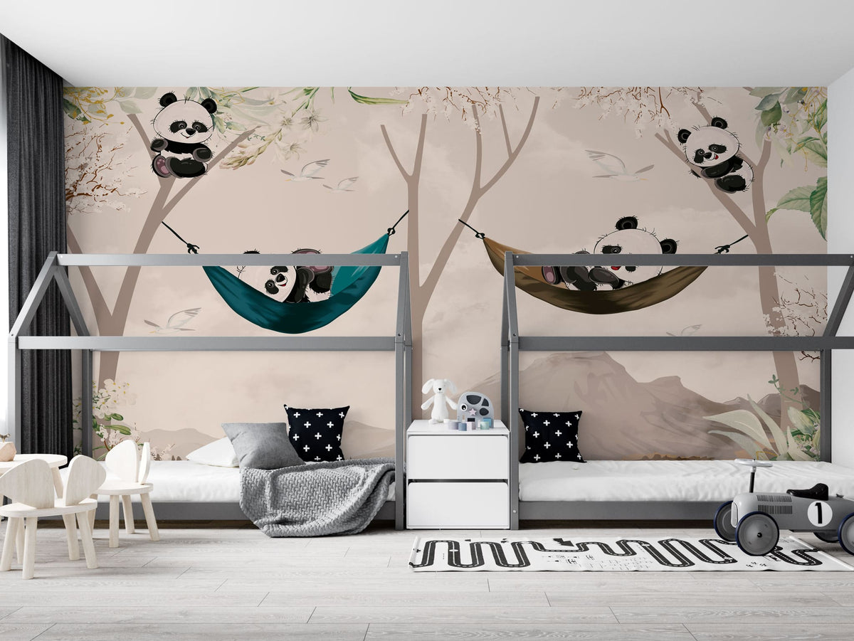 Tapet personalizat lumea animalelor pentru copii cu ursi panda in hamac intr un peisaj montan tropical panda's paradise