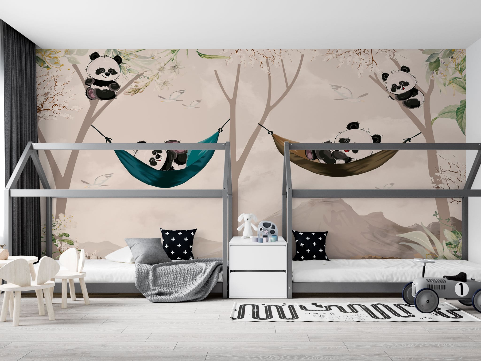 Tapet personalizat lumea animalelor pentru copii cu ursi panda in hamac intr un peisaj montan tropical panda's paradise