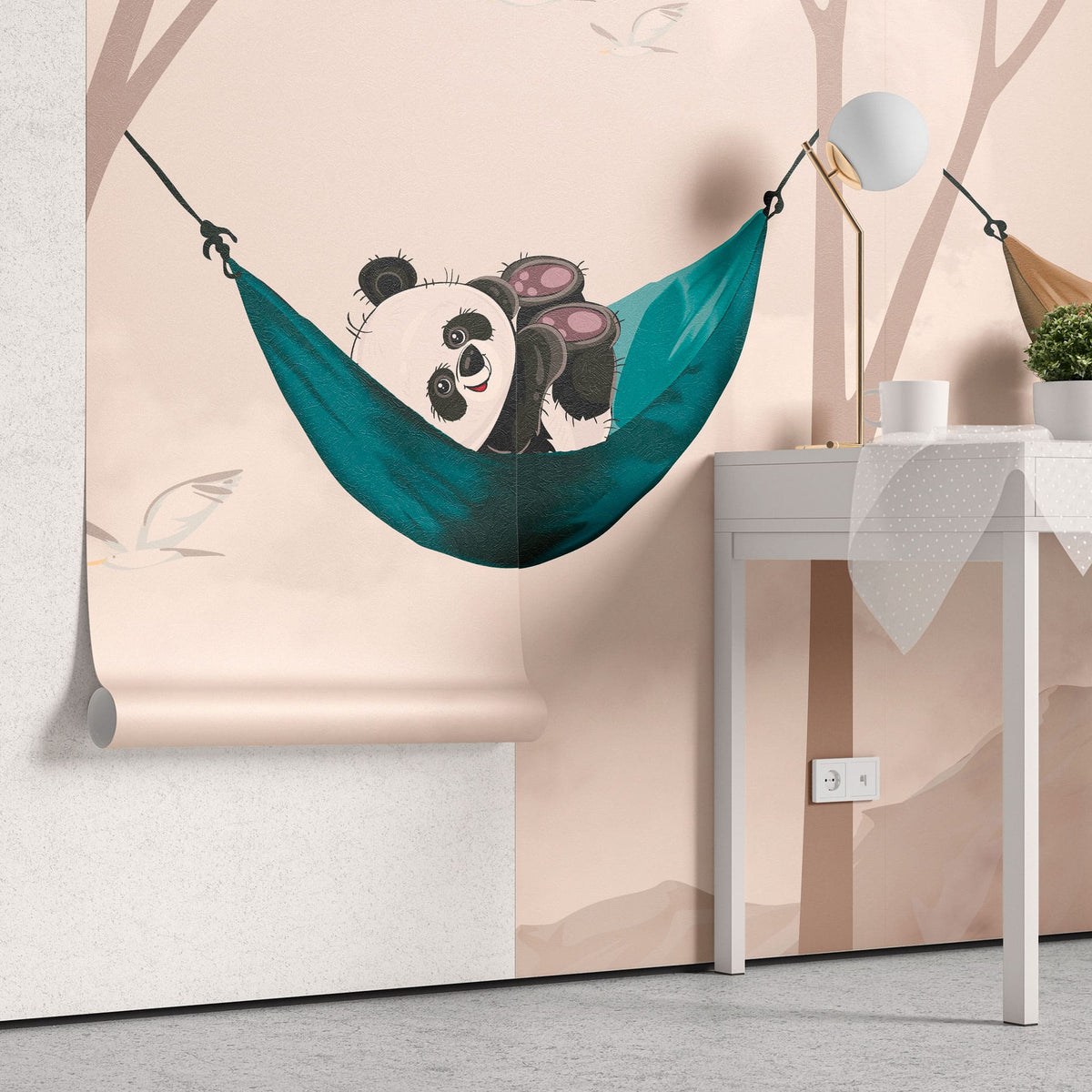 Tapet personalizat lumea animalelor pentru copii cu ursi panda in hamac intr un peisaj montan tropical panda's paradise