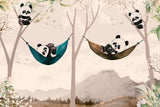 Tapet personalizat lumea animalelor pentru copii cu ursi panda in hamac intr un peisaj montan tropical panda's paradise