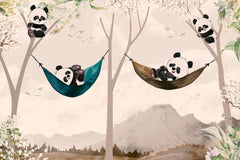 Tapet personalizat lumea animalelor pentru copii cu ursi panda in hamac intr un peisaj montan tropical panda's paradise