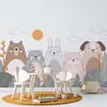 Tapet personalizat lumea animalelor pentru copii cu animale ilustrate ursi pisici iepuri si caini care zambesc happy animals