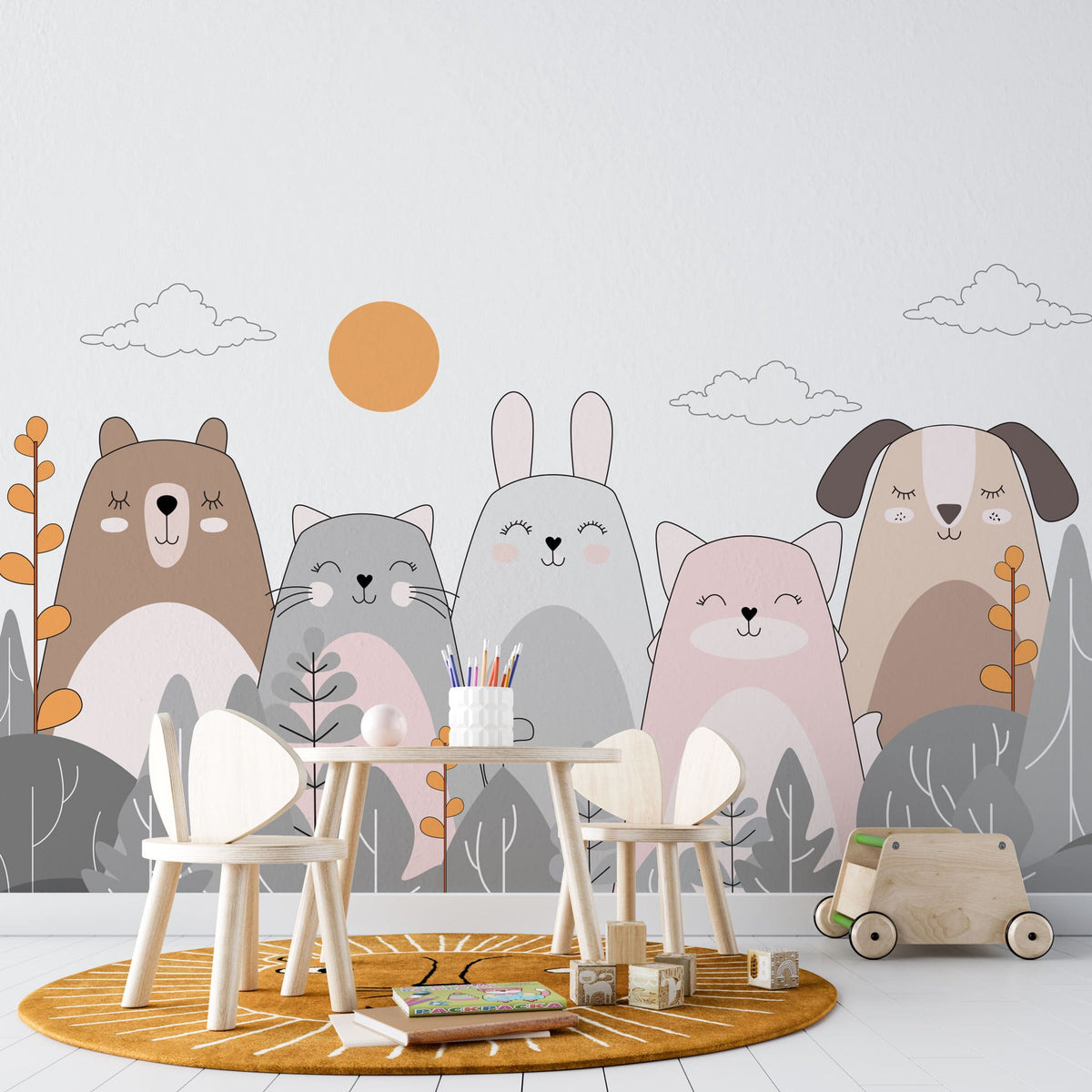 Tapet personalizat lumea animalelor pentru copii cu animale ilustrate ursi pisici iepuri si caini care zambesc happy animals