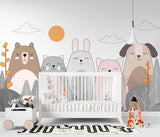 Tapet personalizat lumea animalelor pentru copii cu animale ilustrate ursi pisici iepuri si caini care zambesc happy animals