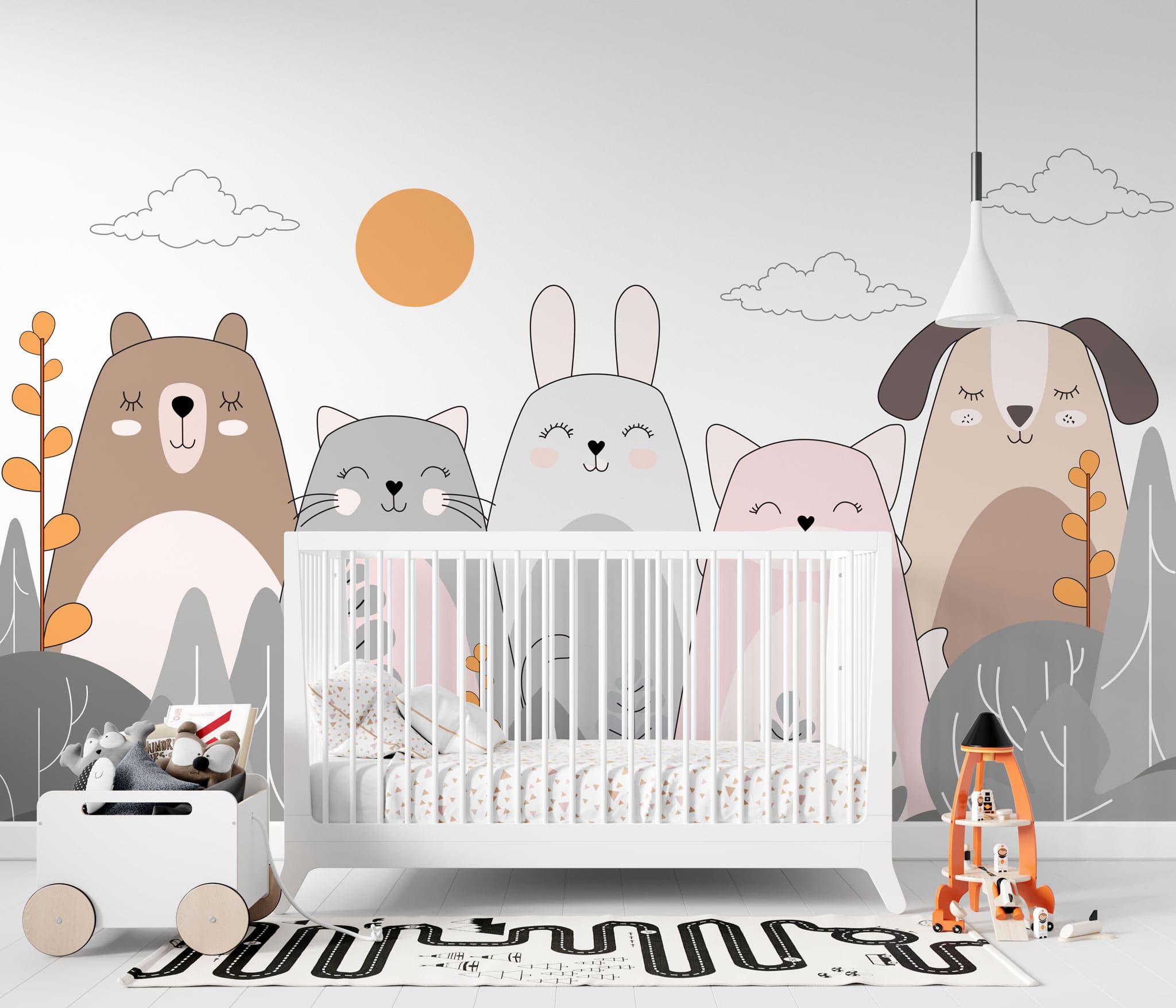 Tapet personalizat lumea animalelor pentru copii cu animale ilustrate ursi pisici iepuri si caini care zambesc happy animals
