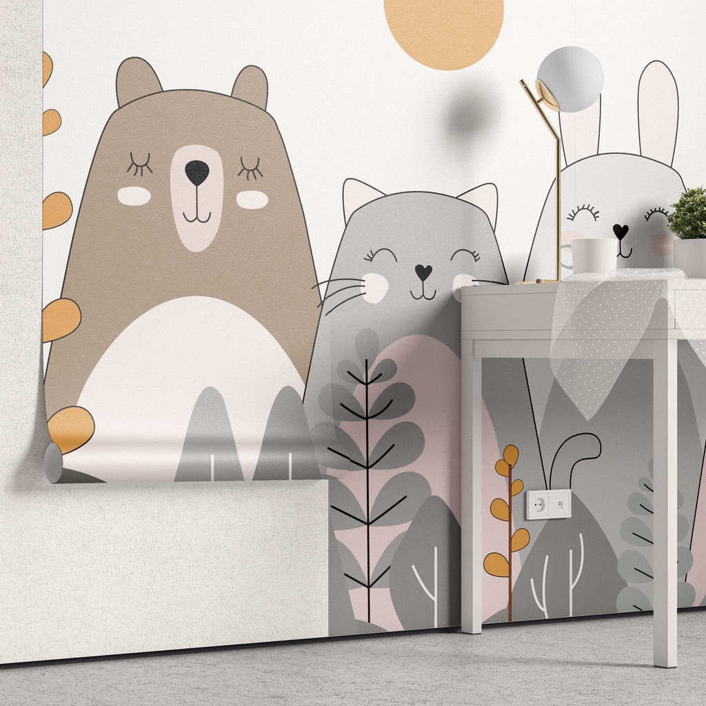 Tapet personalizat lumea animalelor pentru copii cu animale ilustrate ursi pisici iepuri si caini care zambesc happy animals