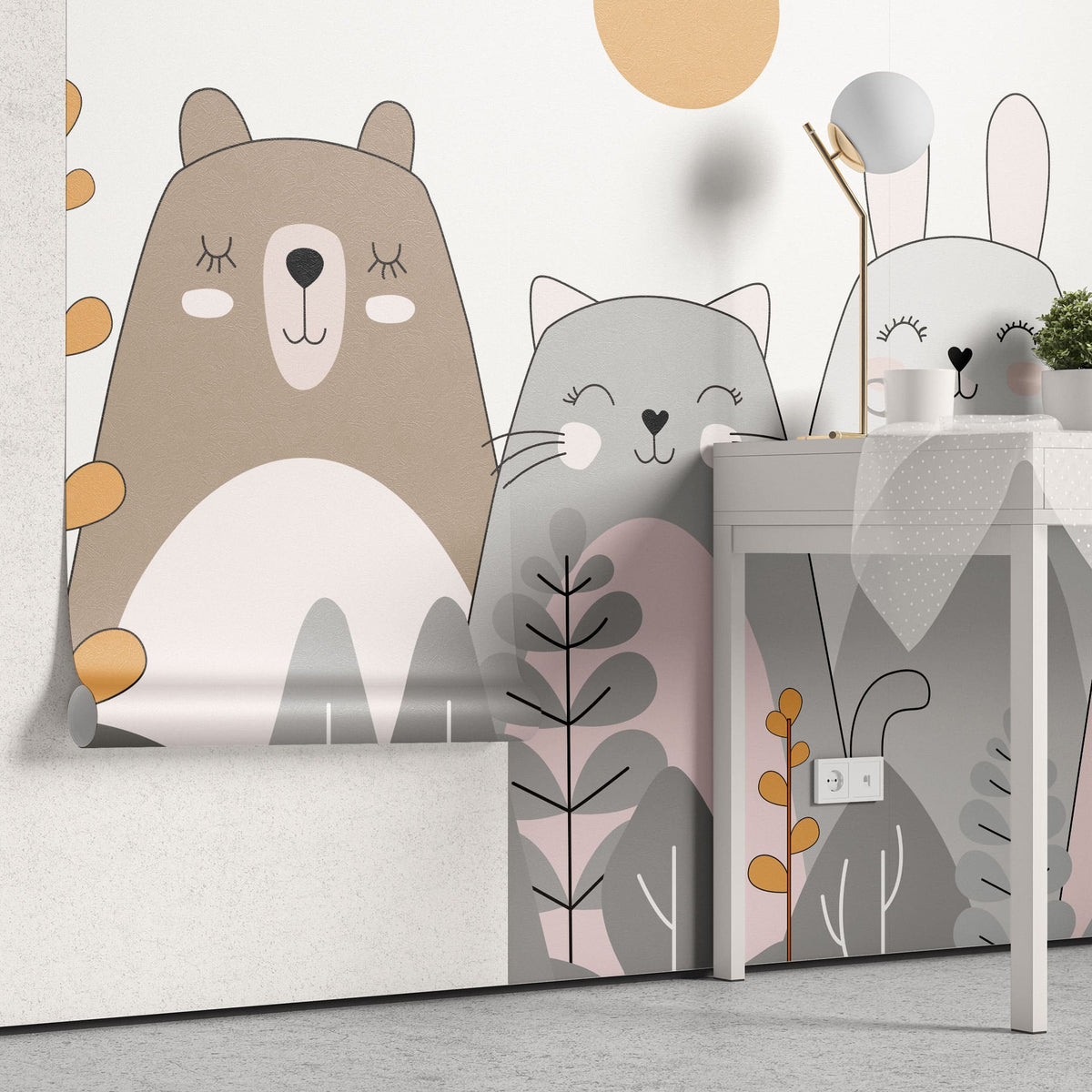 Tapet personalizat lumea animalelor pentru copii cu animale ilustrate ursi pisici iepuri si caini care zambesc happy animals