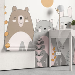 Tapet personalizat lumea animalelor pentru copii cu animale ilustrate ursi pisici iepuri si caini care zambesc happy animals