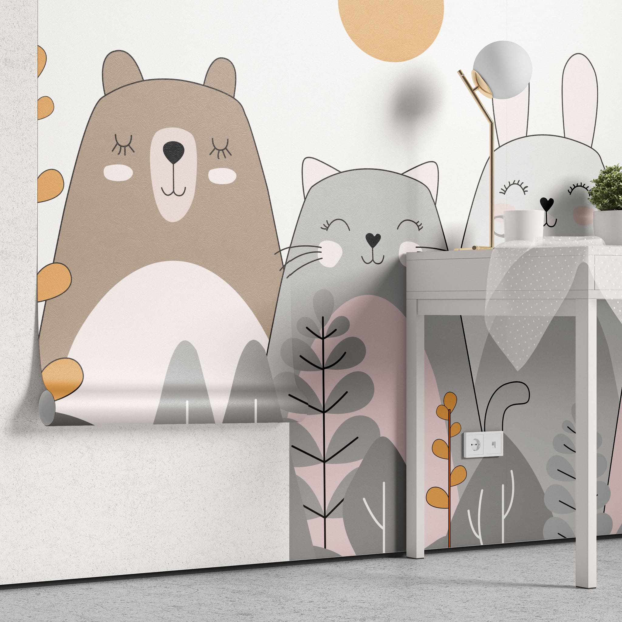 Tapet personalizat lumea animalelor pentru copii cu animale ilustrate ursi pisici iepuri si caini care zambesc happy animals