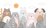 Tapet personalizat lumea animalelor pentru copii cu animale ilustrate ursi pisici iepuri si caini care zambesc happy animals