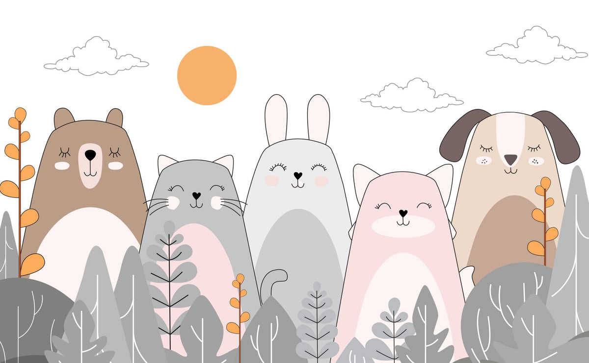 Tapet personalizat lumea animalelor pentru copii cu animale ilustrate ursi pisici iepuri si caini care zambesc happy animals