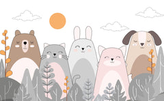 Tapet personalizat lumea animalelor pentru copii cu animale ilustrate ursi pisici iepuri si caini care zambesc happy animals