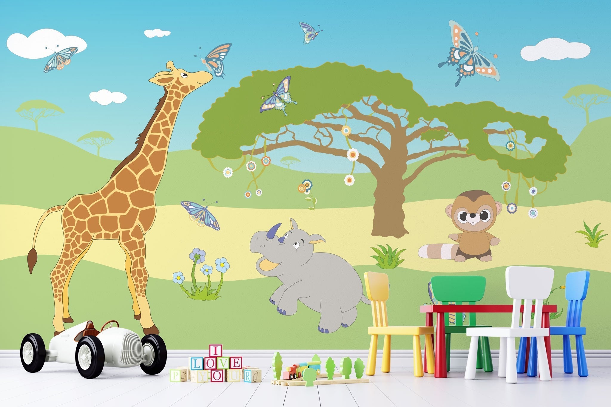 Tapet personalizat lumea animalelor pentru copii cu peisaj natural ilustrat girafe hipopotami maimute si fluturi colorati colorplay