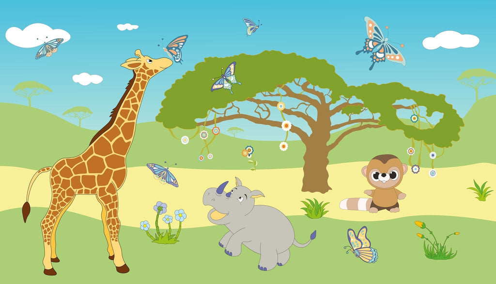 Tapet personalizat lumea animalelor pentru copii cu peisaj natural ilustrat girafe hipopotami maimute si fluturi colorati colorplay