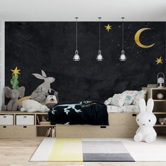Tapet personalizat lumea animalelor pentru copii cu iepuras in noapte uitandu se la luna night bunny