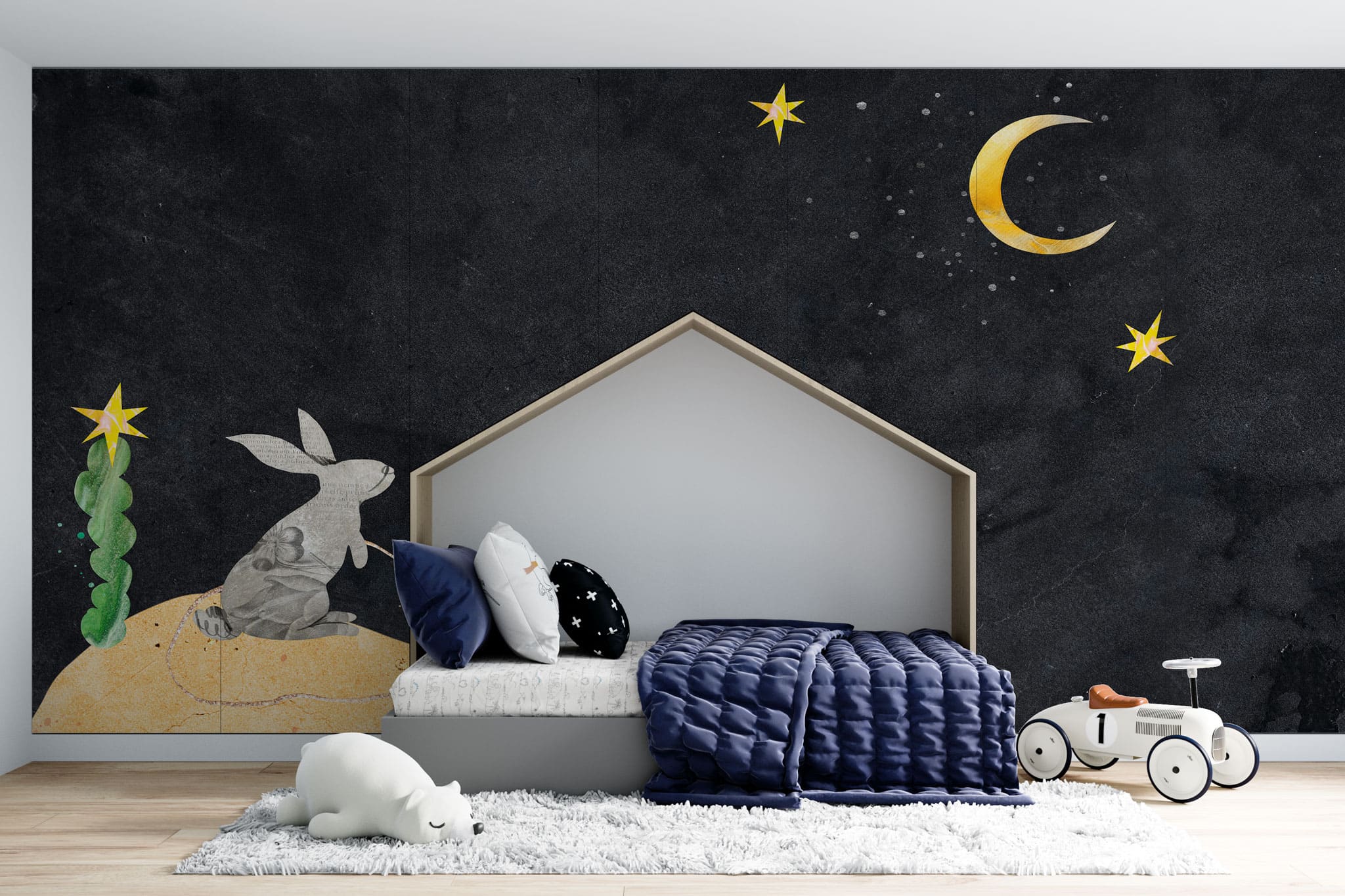 Tapet personalizat lumea animalelor pentru copii cu iepuras in noapte uitandu se la luna night bunny