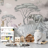 Tapet personalizat lumea animalelor pentru copii cu jungla gri cu cer roz pastel si girafe cerbi caprioare elefanti flamingo veverite pasari si baloane cu aer cald pastel pink jungle