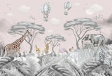Tapet personalizat lumea animalelor pentru copii cu jungla gri cu cer roz pastel si girafe cerbi caprioare elefanti flamingo veverite pasari si baloane cu aer cald pastel pink jungle