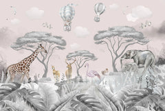 Tapet personalizat lumea animalelor pentru copii cu jungla gri cu cer roz pastel si girafe cerbi caprioare elefanti flamingo veverite pasari si baloane cu aer cald pastel pink jungle