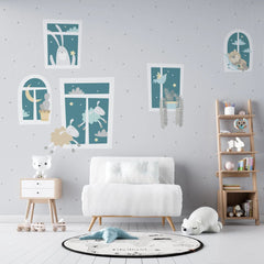 Tapet personalizat lumea animalelor pentru copii cu animale dormind la fereastra dreamy animals
