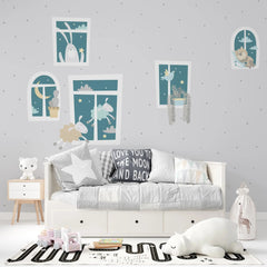 Tapet personalizat lumea animalelor pentru copii cu animale dormind la fereastra dreamy animals