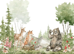 Tapet personalizat lumea animalelor pentru copii cu vulpe caprioara urs si arici in padure la munte greeting animals