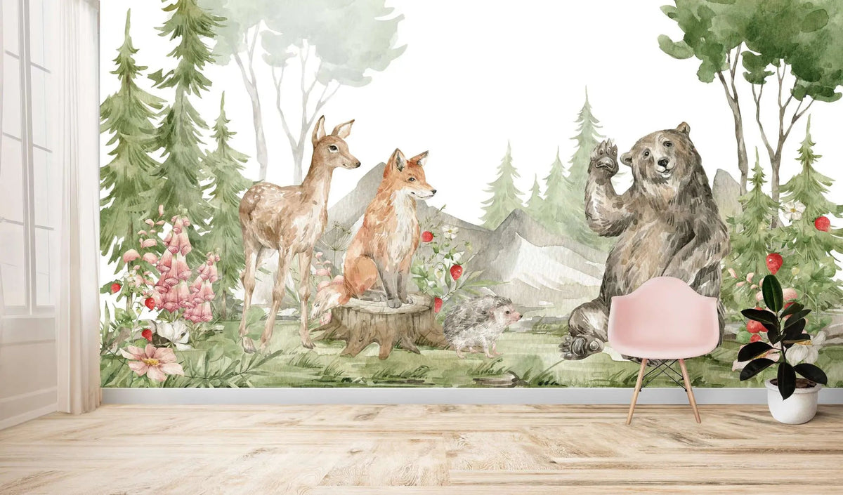 Tapet personalizat lumea animalelor pentru copii cu vulpe caprioara urs si arici in padure la munte greeting animals