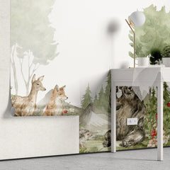 Tapet personalizat lumea animalelor pentru copii cu vulpe caprioara urs si arici in padure la munte greeting animals