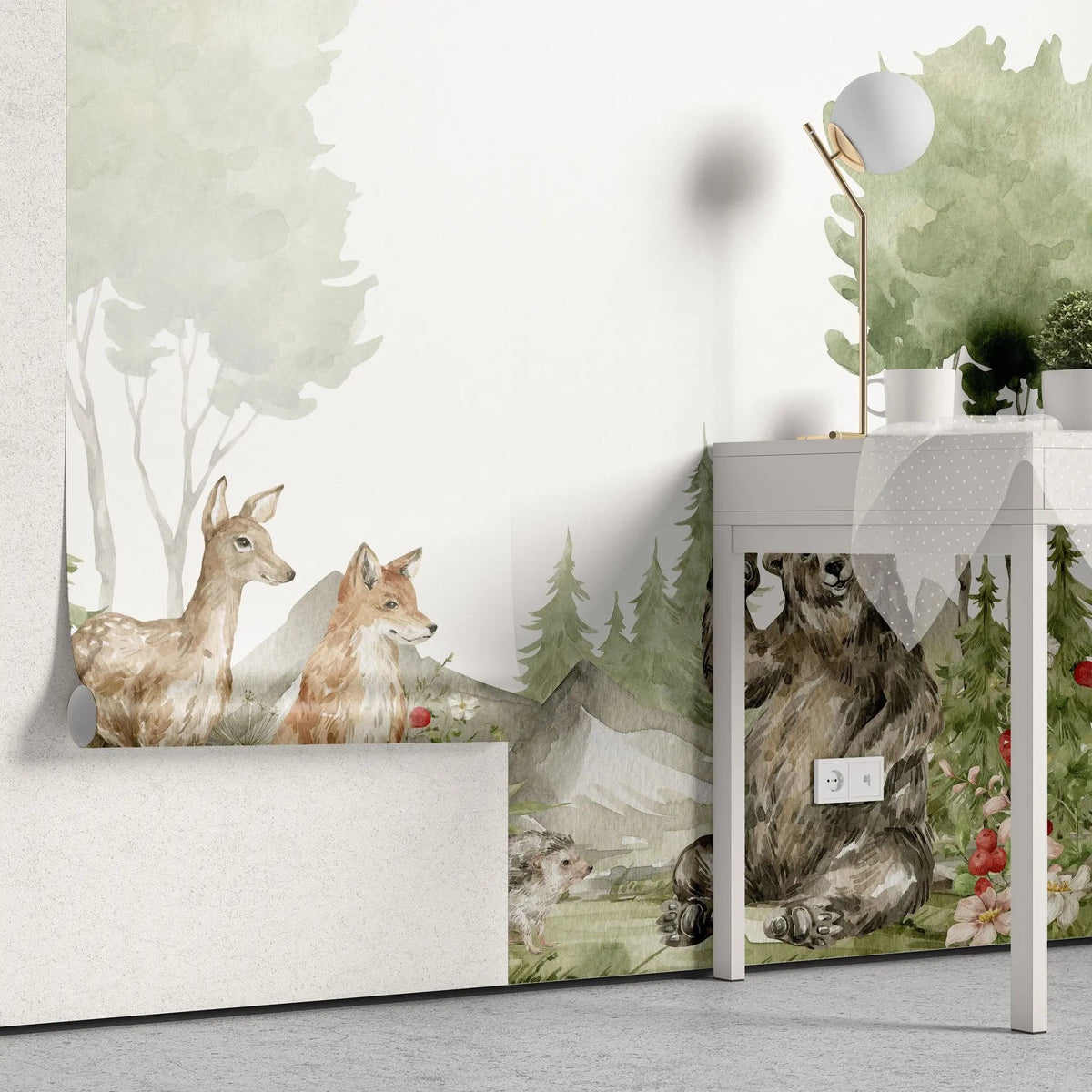 Tapet personalizat lumea animalelor pentru copii cu vulpe caprioara urs si arici in padure la munte greeting animals
