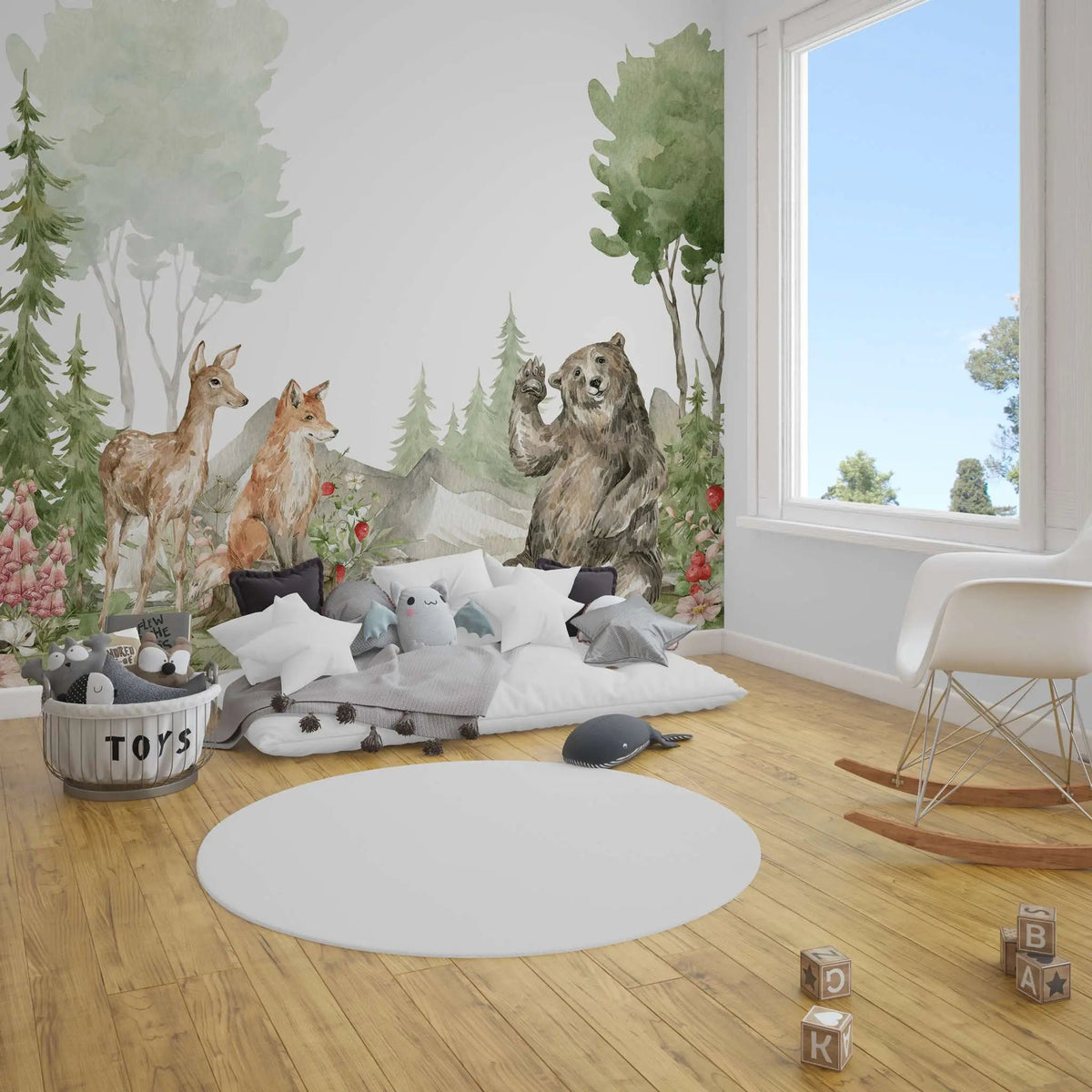 Tapet personalizat lumea animalelor pentru copii cu vulpe caprioara urs si arici in padure la munte greeting animals