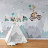Tapet personalizat lumea animalelor pentru copii cu animale zburand deasupra muntilor over the mountains