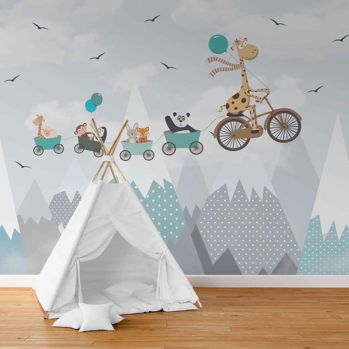 Tapet personalizat lumea animalelor pentru copii cu animale zburand deasupra muntilor over the mountains