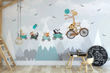 Tapet personalizat lumea animalelor pentru copii cu animale zburand deasupra muntilor over the mountains