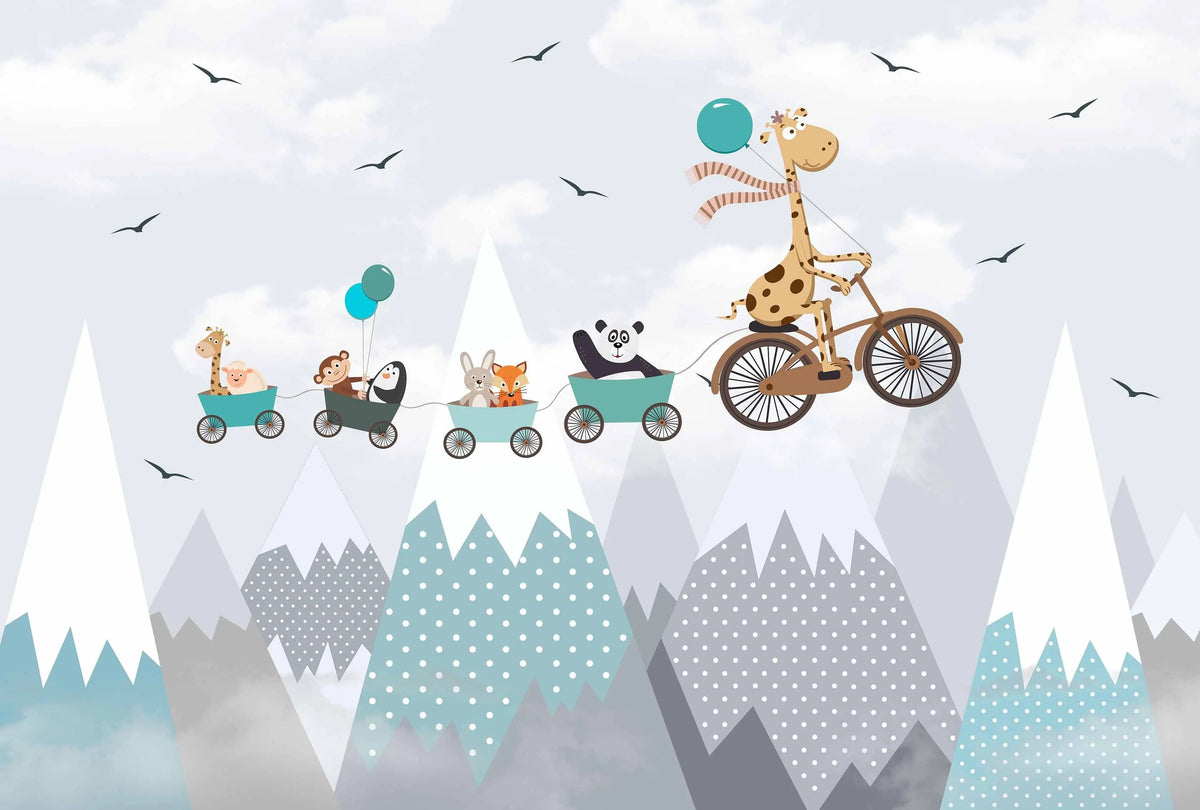 Tapet personalizat lumea animalelor pentru copii cu animale zburand deasupra muntilor over the mountains