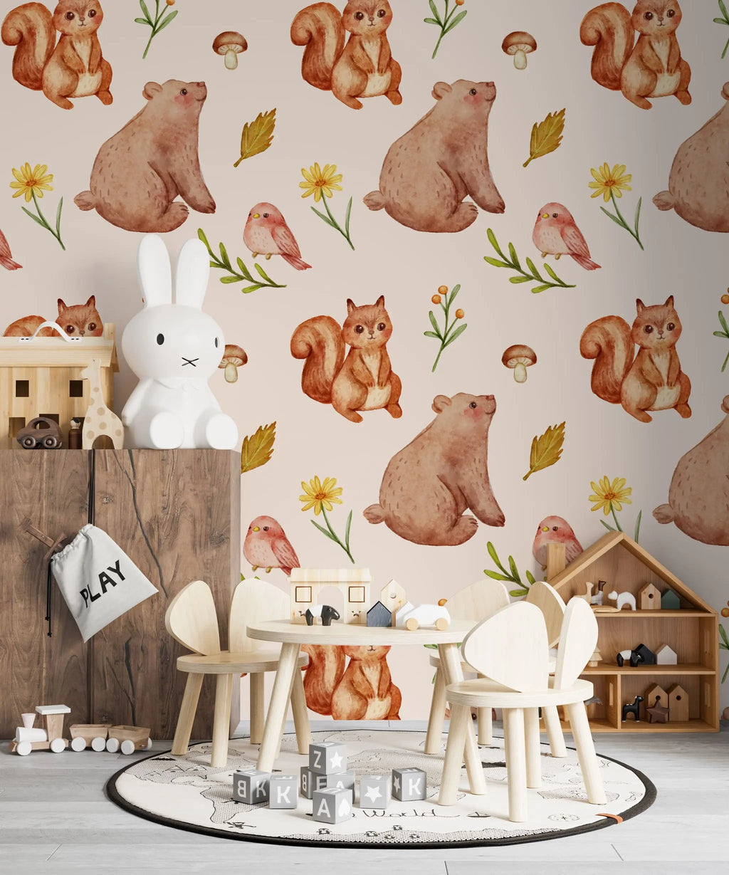Tapet personalizat lumea animalelor pentru copii cu ursi veverite pasari frunze si flori watercolor forest animals