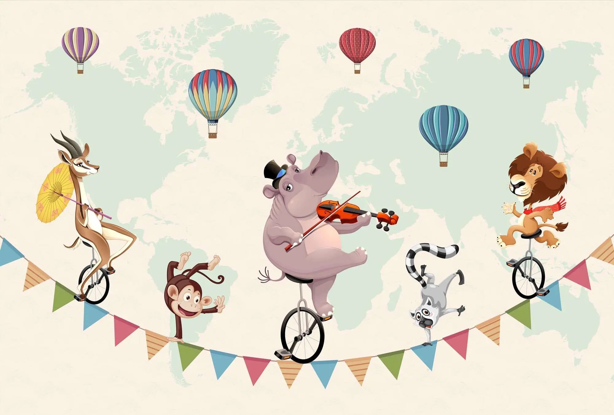 Tapet personalizat lumea animalelor pentru copii cu baloane cu aer cald si animale pe biciclete mergand pe un fir cu stegulete colorate pe fundalul hartii lumii circus map