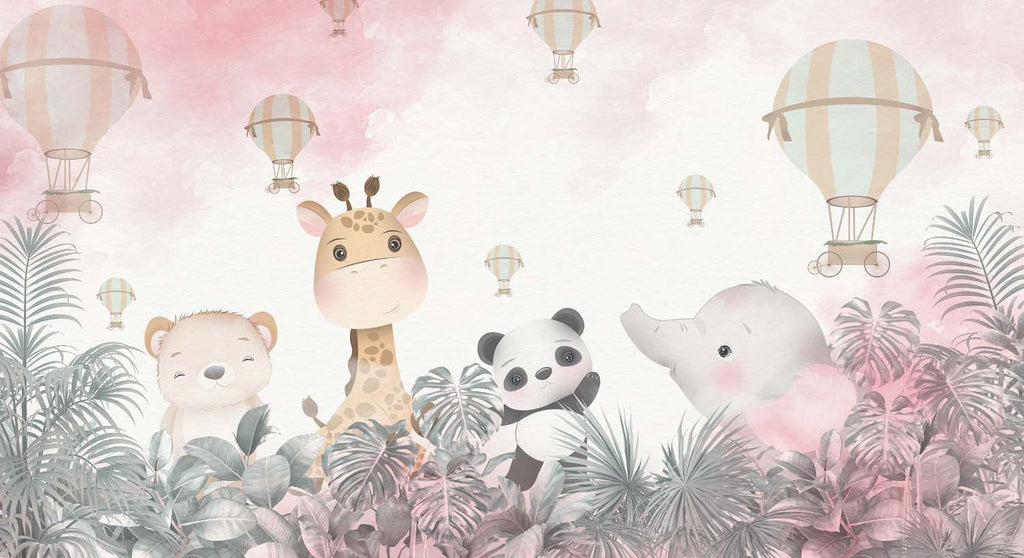 Tapet Personalizat Lumea Animalelor cu animalute in jungla tropicala roz si baloane cu aer cald - PINK SKY BALLOONS