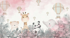 Tapet Personalizat Lumea Animalelor cu animalute in jungla tropicala roz si baloane cu aer cald - PINK SKY BALLOONS