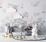 Tapet Personalizat Lumea Animalelor cu animalute in jungla tropicala cu avioane si baloane cu aer cald in nuante pastel - PASTEL CUTENESS