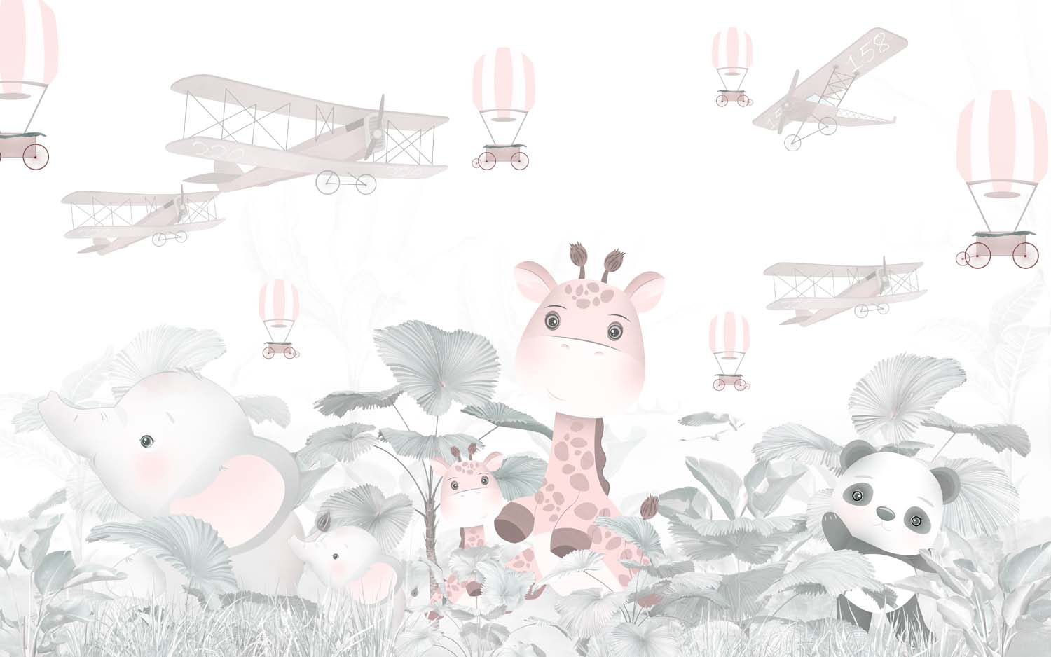 Tapet Personalizat Lumea Animalelor cu animalute in jungla tropicala cu avioane si baloane cu aer cald in nuante pastel - PASTEL CUTENESS